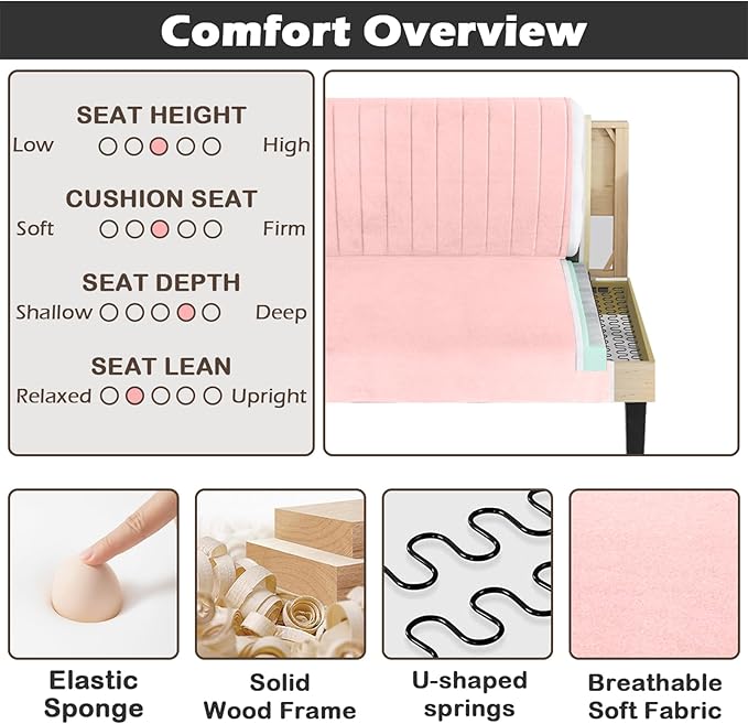 STHOUYN Mini Small Comfy Couch Armless Loveseat Sofa for Bedroom with USB Port, Velvet Couches for Small Spaces Living Room, Apartment Office Dorm (Pink)