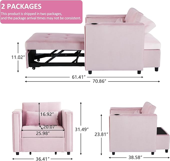 Velvet Convertible Chair Bed, 3 in 1 Multi-Functional Lounge Chair Sleeper, Pull Out Couch Guest Bed with Hidden Table and Adjustable Backrest for Living Room Small Space Apartment (Pink)