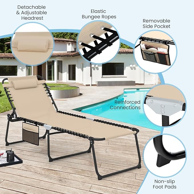 GYMAX Lounge Chair for Outside, 440lbs 27” Oversize Folding Beach Tanning Sunbath Chair with Adjustable Backrest & Removable Pillow, Lightweight Portable Patio Lounger for Lawn Poolside (Sand,2)