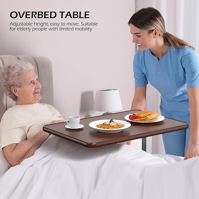 WOTURE Adjustable Overbed Table with Wheels, Bedside Rolling Table, Pneumatic Height Adjustment, Hospital Bed Table on Wheels, Standing Desk, Bedridden & Mobility Needs, Walnut