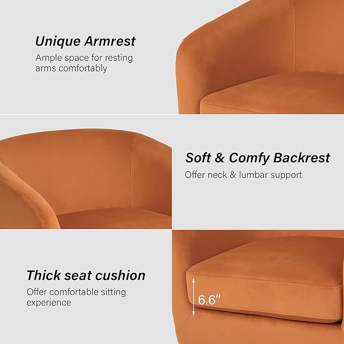 Swivel Barrel Chair, Modern Round PU Leather Accent Armchair for Living Room, Bedroom, Oversized Comfy Club Reading Chairs for Adults (Velvet Orange, Set of 1)