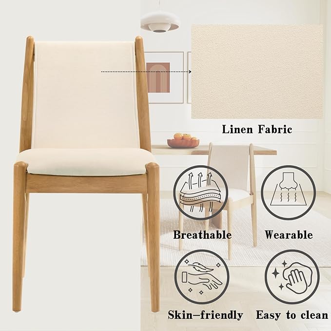 DUOMAY Upholstered Linen Beige Dining Chairs Set of 2, Wooden Armless Kitchen Chairs with Natural Legs and Sturdy Frame for Dining Room, Restaurant, Living Room