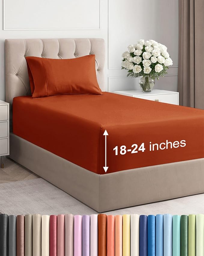 Extra Deep Pocket Twin Sheets - 3 Piece Breathable & Cooling Bed Sheets - Hotel Luxury Bed Sheet Set - Soft, Wrinkle Free & Comfy - Easily Fits Extra Deep Mattresses - Deep Pocket Terracotta Sheets