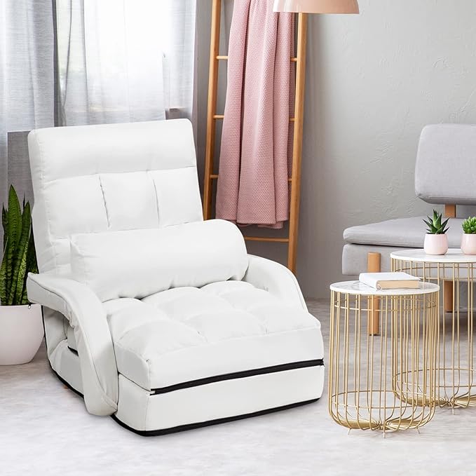 COSTWAY Adjustable Floor Chair, Folding Lazy Sofa Chair with 5 Positions, Detachable Seat Cushion, Indoor Chaise Lounge Sofa Bed for Living Room, Bedroom, Office (White)