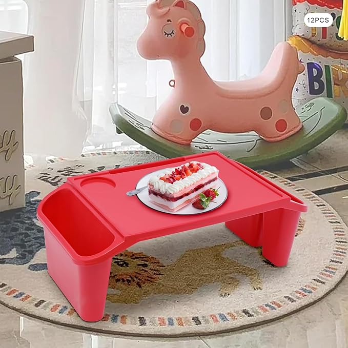 12 Pcs Kids Lap Desk Tray, Plastic Breakfast Laptop Trays with Side Storage Slots Portable Lap Bed Table for Writing Eating Game Classroom(Red-12PCS)