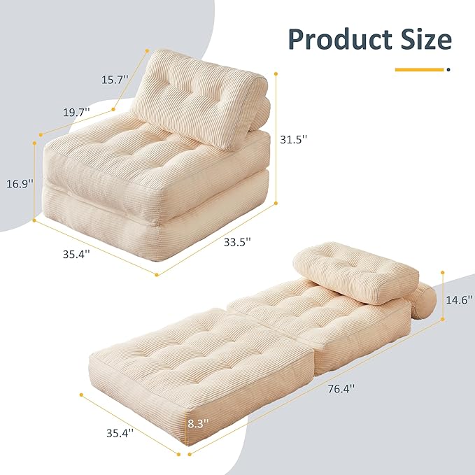 Afuson Folding Chair Bed, Futon Sofa, Floor Couch for Adults Chair for Living Room, Lounge Sofa, Convertible Sofa Bed, Small Couches for Small Spaces, Beige