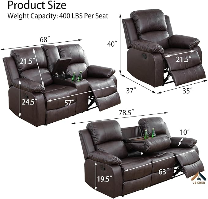 JBXBER Manual Recliner Sofa Set for Living Room, Leather Reclining Sofa Sets, Faux Leather Couch Set with Cup Holders, Drop-Down Table and Storage Console(3 Piece Set,Brown)