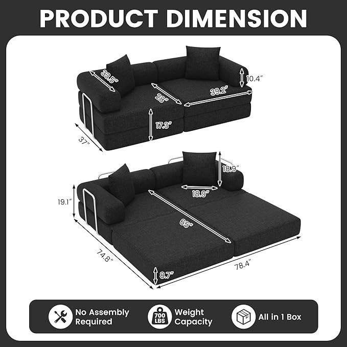 DURASPACE 78'' Folding Convertible Sofa Bed Boneless Foam Sectional Couches with Fixed-Shape Frame, Modular Floor Sleeper Sofa for Living Room (Chenille Black)