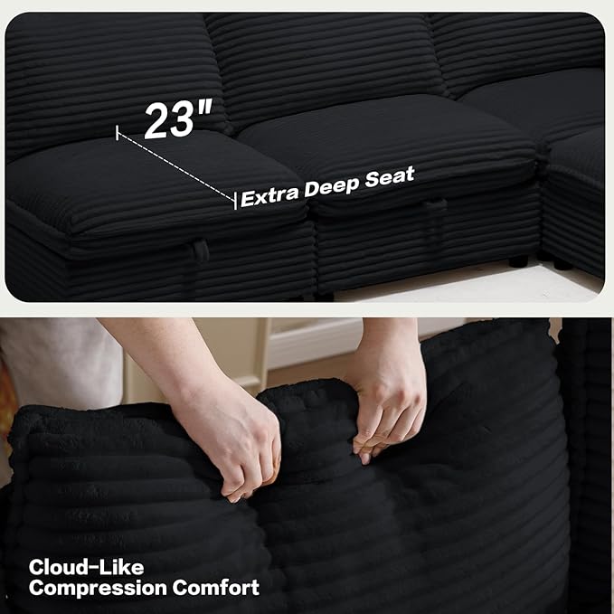 FIRLZY Oversized Modular 8 Seater Sofa with Removable Covers and Storage, Convertible U, L-Shaped and Sleeper Sectional, Modern Corduroy Couches with Ottoman Chaise for Living Room, Apartment, Black