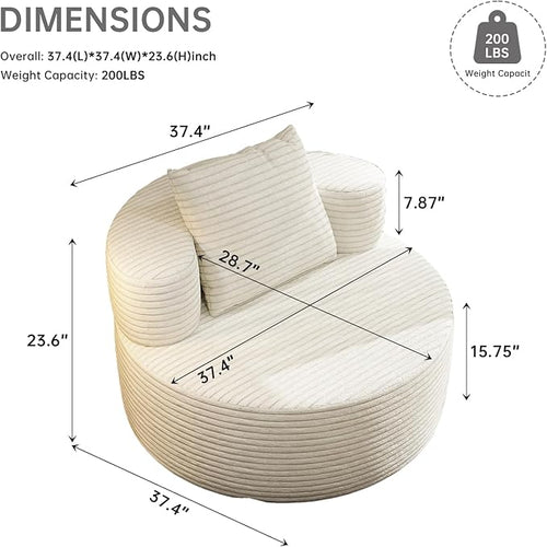 37.4" Boneless Round Chair, Oversized Chaise Lounge Cloud Chair Indoor, Upholstered Corduroy Deep Seat Sofa Accent Chair, No Assembly Required, for Living Room Bedroom Apartment