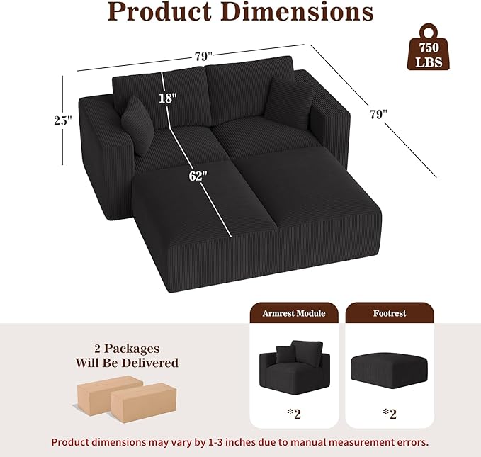 79" Modular Sectional Sofa, Cloud Couch Loveseat Memory Foam Boneless Couch with Ottoman, Cozy 2 Seater Corduroy Floor Couch, No Assembly Required Living Room Furniture for Apartment, Black
