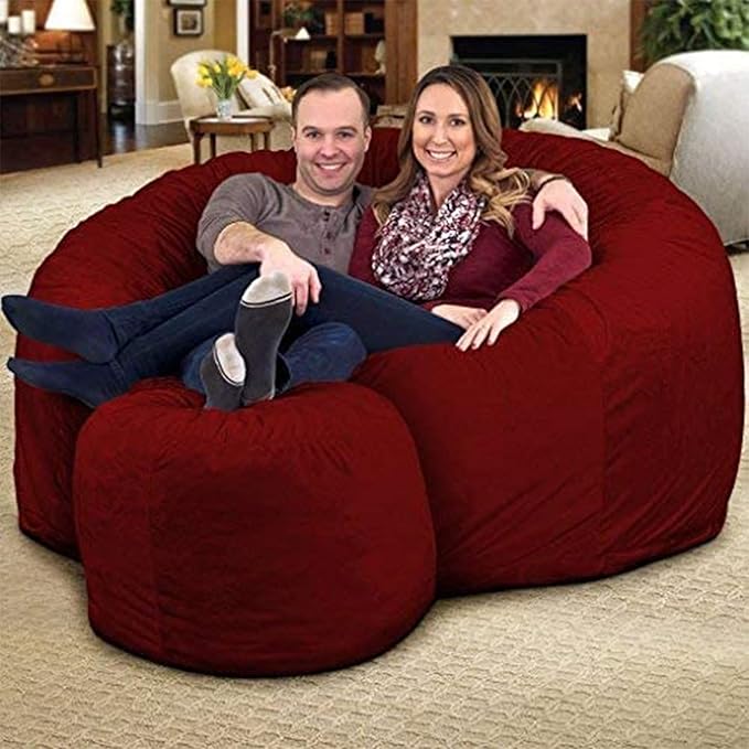 ULTIMATE SACK 6000 6-Foot Bean Bag Chair with Footstool, Burgundy Suede Cover – Oversized Foam Lounger, Floor Seat, Small Sofa, or Couch Bed for Living Area, Gaming Room, or Reading Lounge