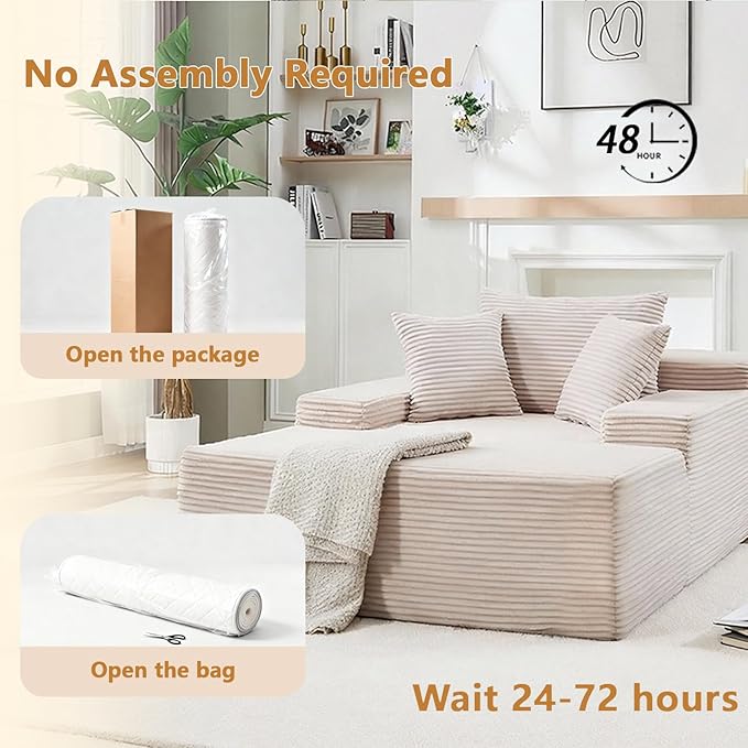 67.3'' Oversized Chaise Lounge Chair Indoor,Corduroy Boneless Couch with 3 Pillows Wide Armrest,Comfy Cloud Couch Sleeper Sofa Reading Chairs for Living Room Bedroom,No Assembly Required (Beige)