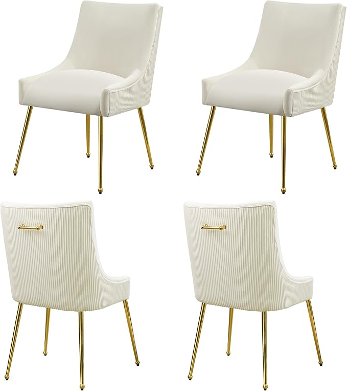 WUTUTUEE Velvet Dining Chairs Set of 4 Gold Legs,Upholstered Velvet Accent Chairs, Pleated Back Design & Gold Pull Handle, Mid Century Modern Chairs for Dining/Kitchen/Living Room,Beige
