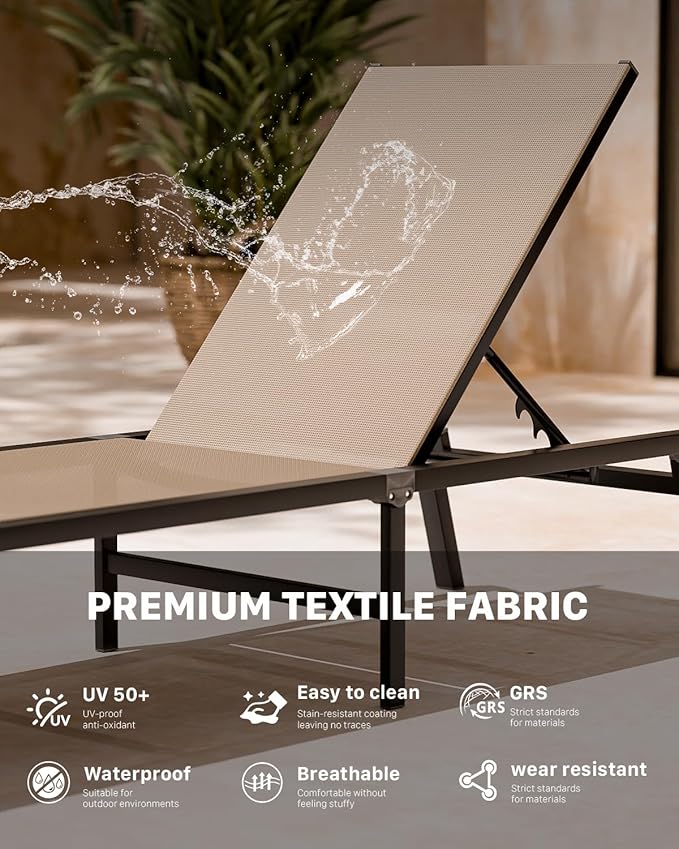 WOAJNQO Aluminum Patio Chaise Lounge Chair Set of 2 with Side Table,5-Position Adjustable Backrest,Foldable Lounge Chair Outdoor,Pool Lounge Chairs for Poolside,Lawn,Deck,Beach (Khaki, 2 Pack+Table)