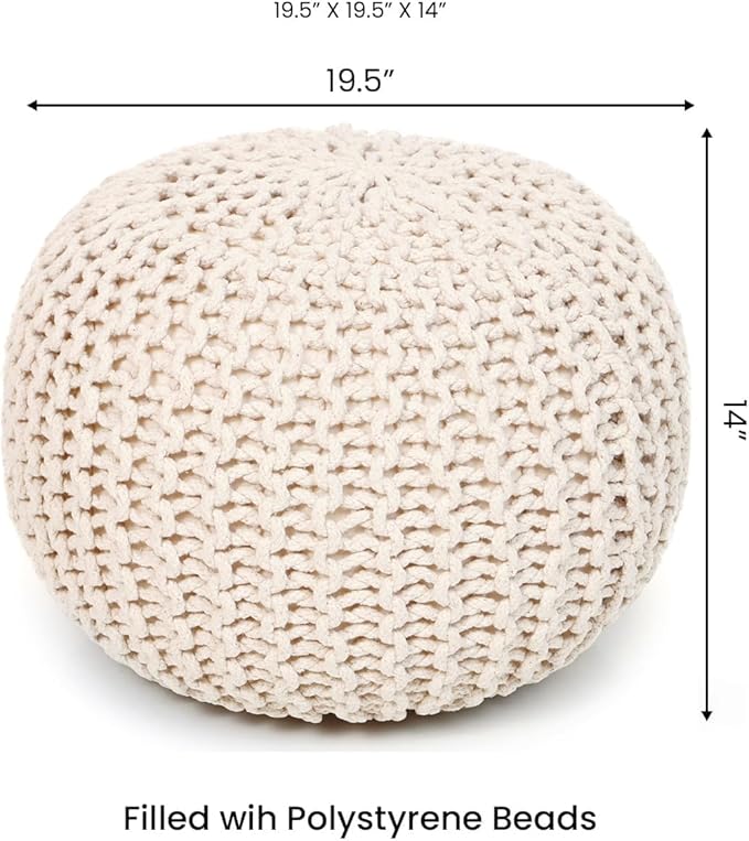 REDEARTH · Round Pouf Ottoman - Cable Knitted Boho Poof - Home Décor Cord Pouffe Handmade Circular Footrest for Living Room - Bedroom - Kids Bedroom - 100% Cotton Pouf (19.5"x19.5"x14") - Natural