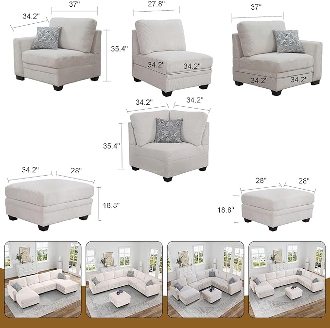 Legend Vansen Oversized Modular Sectional Sofa,7 Seat U Shaped Couch with Ottoman,Corduroy Sofa with Deep Seat,Convertible Large Sectional Couches for Living Room(Cream, L-7)