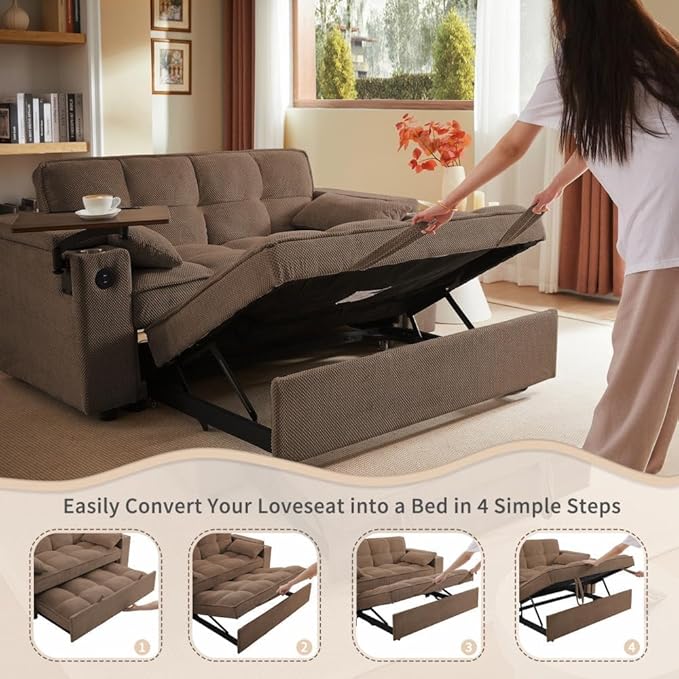 oaaktu ﻿ Large Size Convertible Sleeper Sofa Bed,Polka dot Velvet Pull Out Futon Couch with Storage handrails & Rotating Side Tables,Convertible Sofa Couch for Living Room,RV (Coffee)