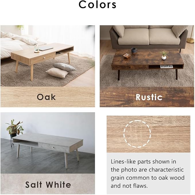 EMOOR Wooden Small Coffee Table with Storage Rectangle Large (47.2"x19.7") Oak, Floor Sitting Low Table Small Space Minimalist Japanese Tatami Room