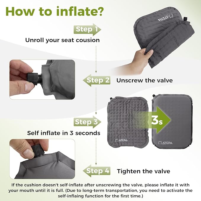 ATEPA Inflatable Seat Cushion, Self-Inflating Portable Stadium Airplane Travel Foam Cushion Pad for Camping, Sports Events, Outdoor