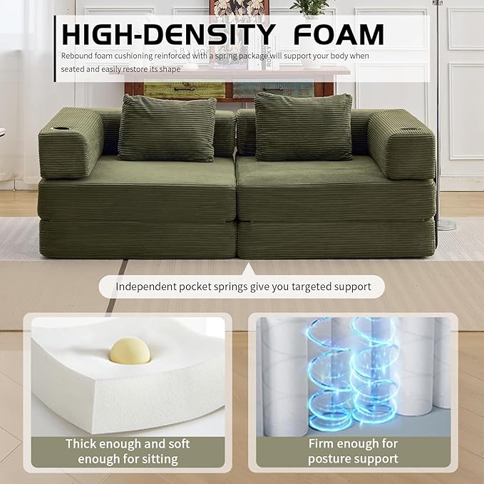 78" Loveseat Sleeper Sofa, 4 in 1 Convertible Floor Sofa Bed, Boneless Cloud Couch with Cup Holder, Fold Out Floor Couch for Living Room Bedroom Lounge, Corduroy, Olive