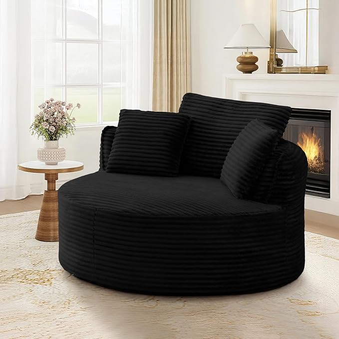 53"W Oversized Round Chaise Longue Chair Indoor,Corduroy Fluffy Comfy Cloud Chair,Circle Bean Bag Sofa with Foam Filling & Pillows,Boneless Reading Cozy Sofa Chairs for Living Room,Bedroom,Black