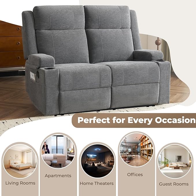PALLOME Manual Reclining Loveseat Sofa, 2-Seater Recliner Couch with Cup Holders, Fabric Reclining Sofa for Living Room/RV (Gray)
