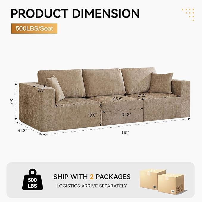 115'' Comfy Boneless Couch, Upholstered Deep Seat Modular Cloud Sofa, No Assembly Chenille Compression 3 Seater Sofa Couch for Living Room, Camel