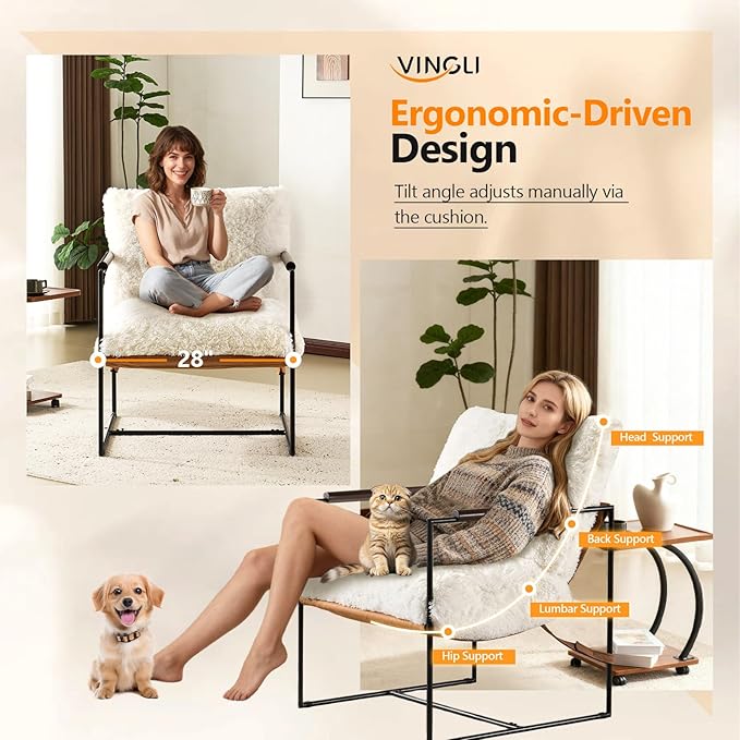 VINGLI 28" Wide Plush Upholstery Sling Modern Accent Chair Set of 2, Cute Reading Armchair with Removable Seat Cushion & Tan Microfiber Seat Base, Lazy Chair for Bedroom & Lounge, White