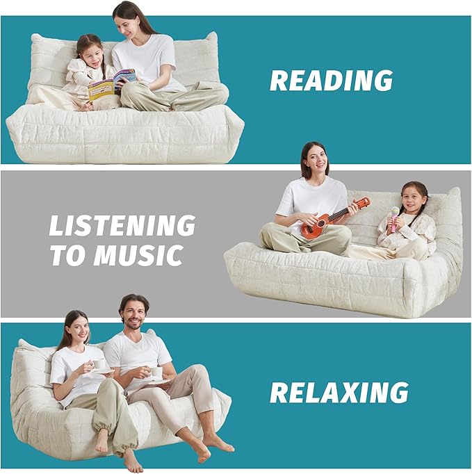 Homguava Bean Bag Chair, Giant Beanbag Chairs for Adults, Memory Foam Fireside Chair, Large Lazy Floor Sofa, Sofa Couch with High-Rebound Foam, Lounge Chair for Living Room, Bedroom (Beige, Loveseat)
