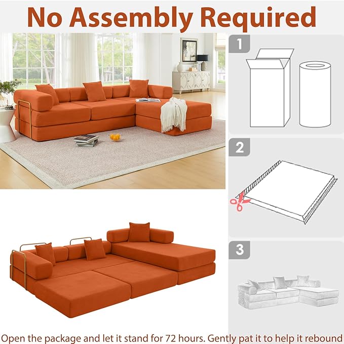 HANXIN 108" Modular Sectional Sofa,Futon Convertible Sofa Bed,Oversized Corduroy Boneless Couch for Living Room,Floor Loveseat Sleeper with Pull Out Bed,Free Combination,No Assembly Required (Orange)