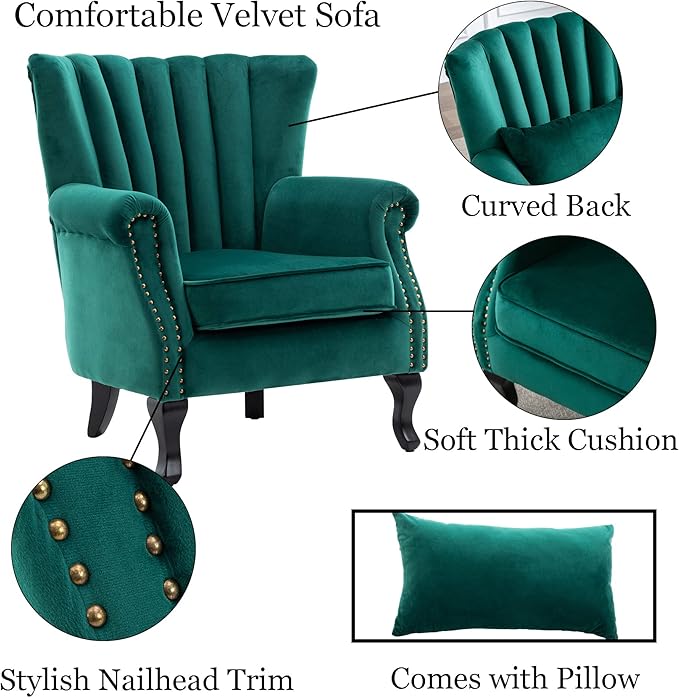 DM Furniture Velvet Accent Chairs Set of 2 with Arm Comfy Living Room Chair Mid-Century Modern Wingback Side Chair Single Sofa Couch for Bedroom Guest Room, Green