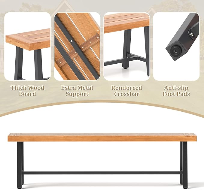 RELAX4LIFE 63’’ Outdoor Bench Acacia Wood - 3-Person Backless Patio Benches with Heavy Duty Metal Frame, Wooden Picnic Dining Garden Bench for Outside Backyard Park Porch, 800 LBS Weight Capacity (2)