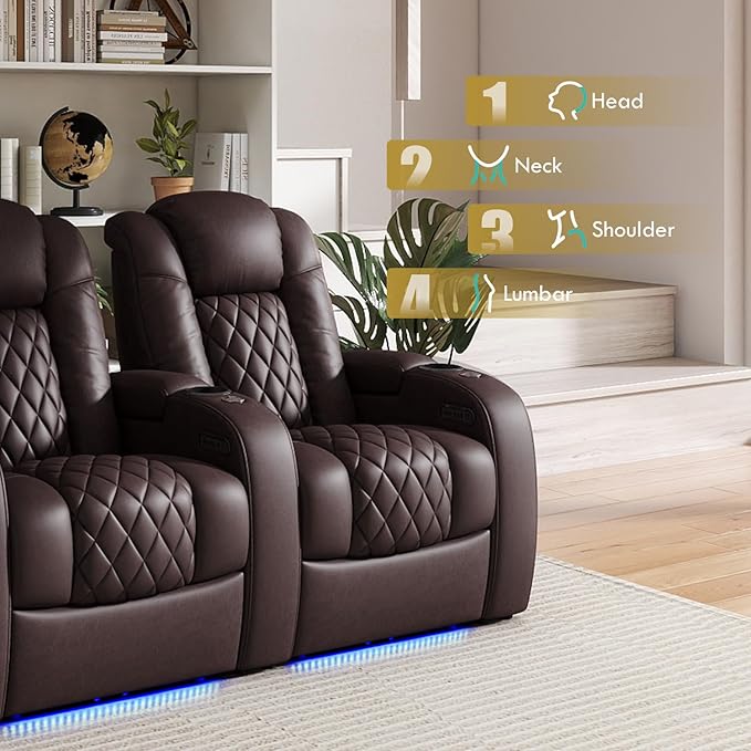 Weilianda Home Theater Seating Top Grain Leather Zero Gravity Recliner Chair Power Headrest Recline Movie Seat Gaming 7 Colors Mood Light Sofa with Tray Table USB Charge Row of 2 Brown
