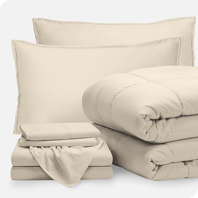 Bare Home Bed-in-A-Bag 7 Piece Comforter & Sheet Set - Full XL - Goose Down Alternative - Ultra-Soft 1800 Premium Bed Set (Full XL, Sand/Sand)