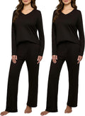 Real Essentials 2 Pack Women's Soft Cotton Long Sleeve Pajama Set with Pants - Lounge Sets for Women (Available In Plus)