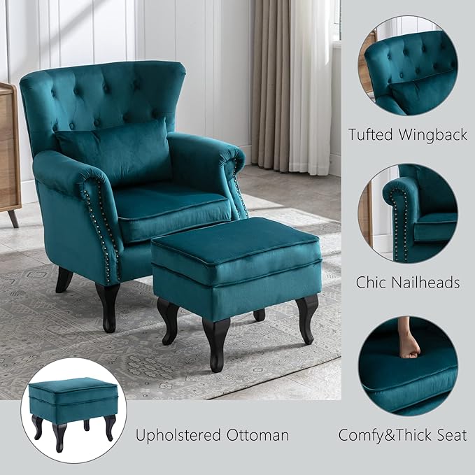 Janoray Mid Century Modern Accent Chair Upholstered Armchair Comfy Velvet Tufted Wingback Single Sofa with Ottoman for Bedroom Living Room, Teal