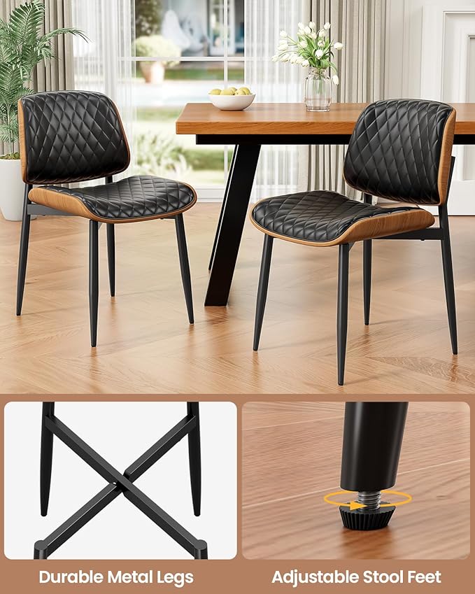 Dining Chairs Set of 4, Mid-Century Modern Upholstered PU Leather Chairs with Walnut Back and Metal Legs Adjustable Feet for Kitchen Dining Room, Black Diamond Plaid