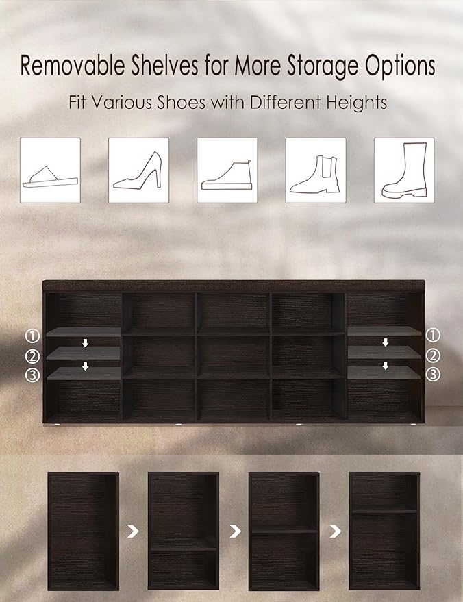 DINZI LVJ Shoe Storage Bench with Cushion, 15-Cubby Shoe Rack, Adjustable Shelves, Long Shoe Organizer Bench for Entryway, Mudroom, Hallway, Living Room, Bedroom and Garage, Espresso