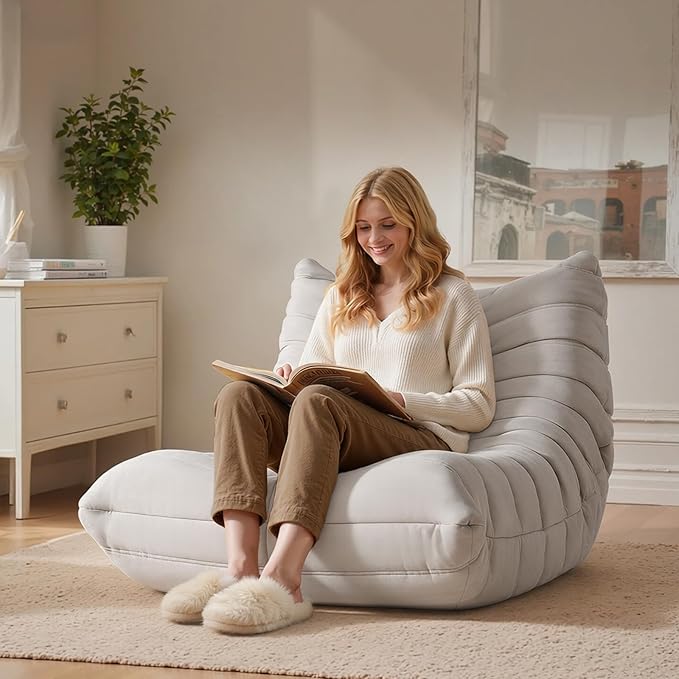 High-end Togo Bean Bag Chair, Fireside Chair with Light Gray Suede Fabric Cover, Comfy & Soft Lazy Floor Lounge Sofa for Bedroom, Living Room, Office or Salon
