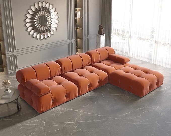 JACH 104" Sectional Couches for Living Room, L-Shaped Minimalist Velvet Sofas, Mid-Century Modular Sofa with Reversible Chaise Ottoman, Orange Sofas Furniture for Living Room, Apartment
