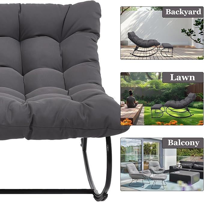 DAYAOUTDOOR 2 Piece Outdoor Rocking Chairs with Ottoman, Patio Oversized Rocking Egg Chair with Cushion, Papasan Chair Set of 2 for Outside, Outdoor Padded Chairs, Grey