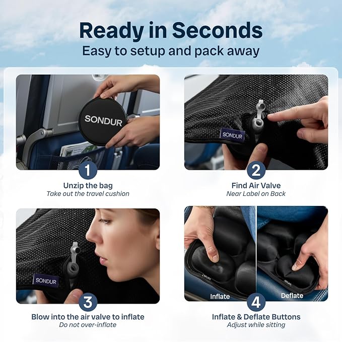 Travel Cushion – CloudAir Technology Airplane Seat Cushion – Inflatable Travel Cushion for Long Flights – Portable Air Cell Design, Puncture-Resistant Waterproof Pad – Black