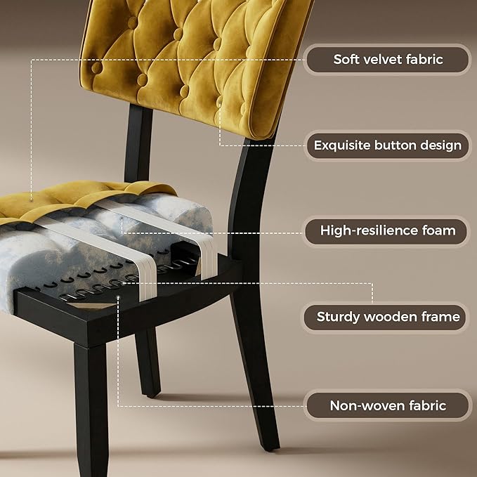 UVV Upholstered Dining Chairs Set of 4, Mid Century Modern Tufted Kitchen Chairs Dining Room Chairs, Velvet Dinner Chair with Wood Legs for Dining Room Kitchen, Turmeric-Black Legs
