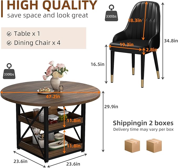 5-Piece Round Dining Table Set for 4 with Storage, Kitchen Table with 4 PU Leather Chairs, Space Saving for Breakfast Nook, Dinette, Dining Room (Boxwood Dining Table-4 Black Chairs)