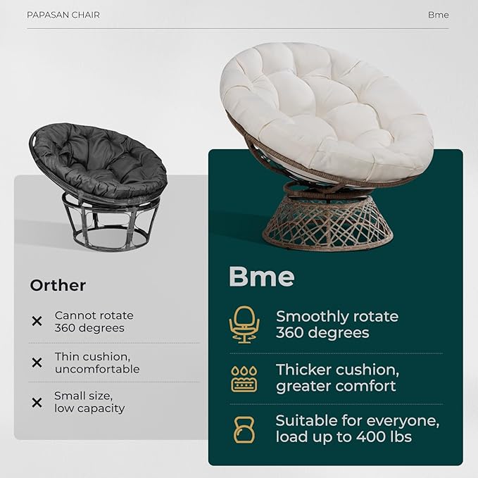 Bme 40" Ergonomic Wicker Papasan Chair with Soft Thick Density Fabric Cushion, High Capacity Steel Frame, 360 Degree Swivel for Living, Bedroom, Reading Room, Lounge