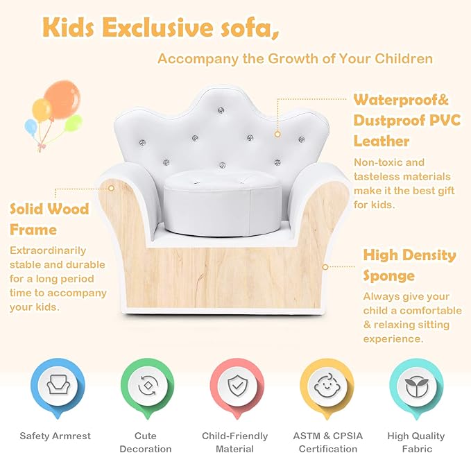 HONEY JOY Kids Sofa, Children Princess Upholstered Couch Armrest Chair with Ottoman, PVC Leather & Embedded Crystal, Toddler Bedroom Furniture for Baby Girl (White Crown Shape with Footstool)