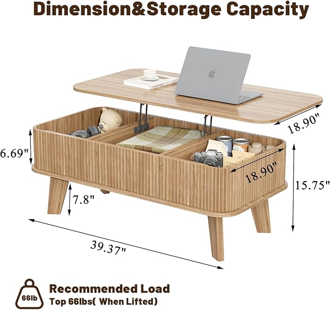 LCVTND Fluted Lift Top Coffee Table with Storage, Modern Wood Coffee Table Retro Center Table with Hidden Lifting Table Top Compartment for Living Room, Home, Office, Natural