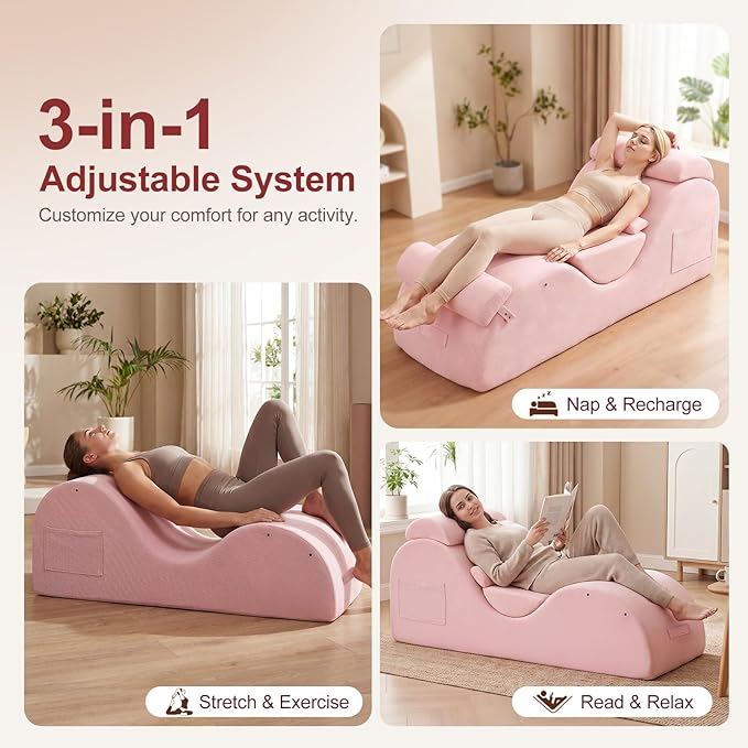 Yoga Chaise Lounge Chair, S-Shaped Floor Sofa with Moveable Headrest, Lumbar Pillow, Support Cushion, Footrest, Non-Slip Base, No-Assembly Lounger for Stretching, Meditation & Relaxation (Pink)
