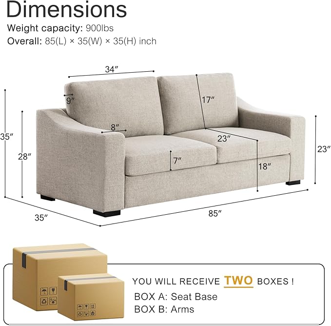 ELUCHANG Oversized 85" Deep Seat Sofa, Modern Couches for Living Room, 3 Seater Natural Linen Sofa, Upholstered Cushion & Detachable Cover, Comfy Sofa Couch for Apartment, Oatmeal